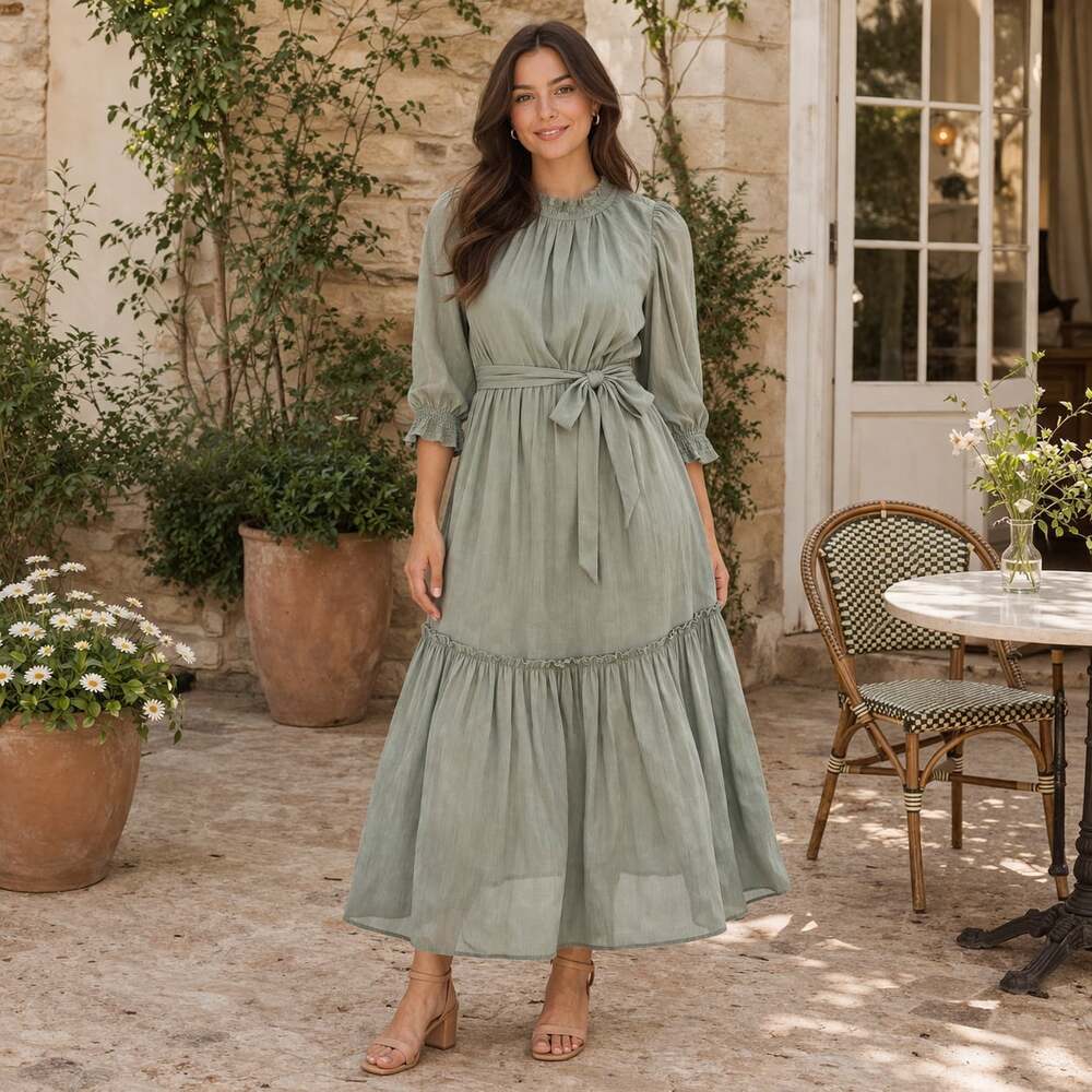Listicle Sage Green Smocked Tiered Maxi Dress Tie Waist Boho Size L